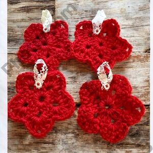 Handmade Red Crochet Star Ornaments - Set of 4, Christmas Decor